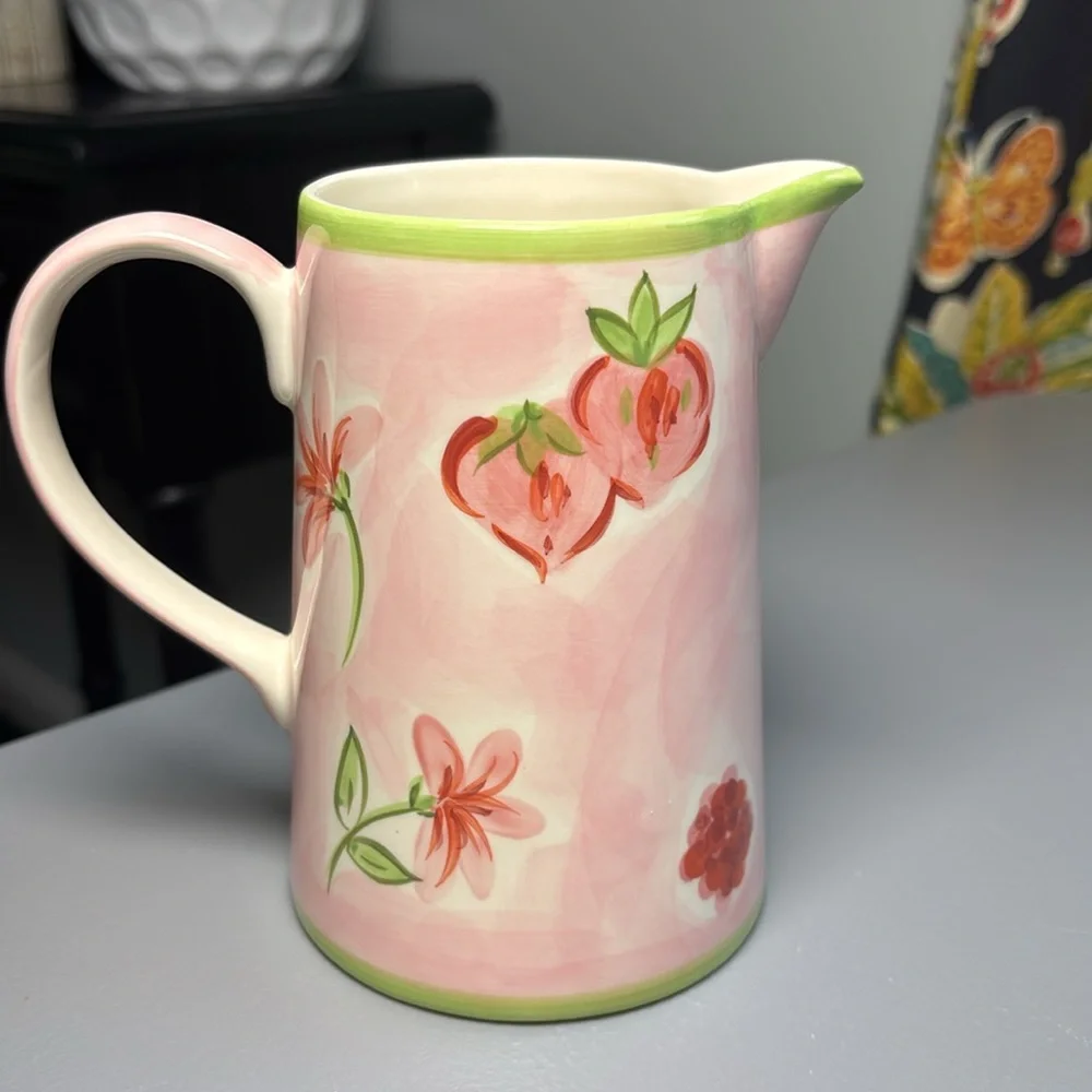 VTG April Cornell Strawberry Creamer Milk Pitcher Pink Red Green 2002